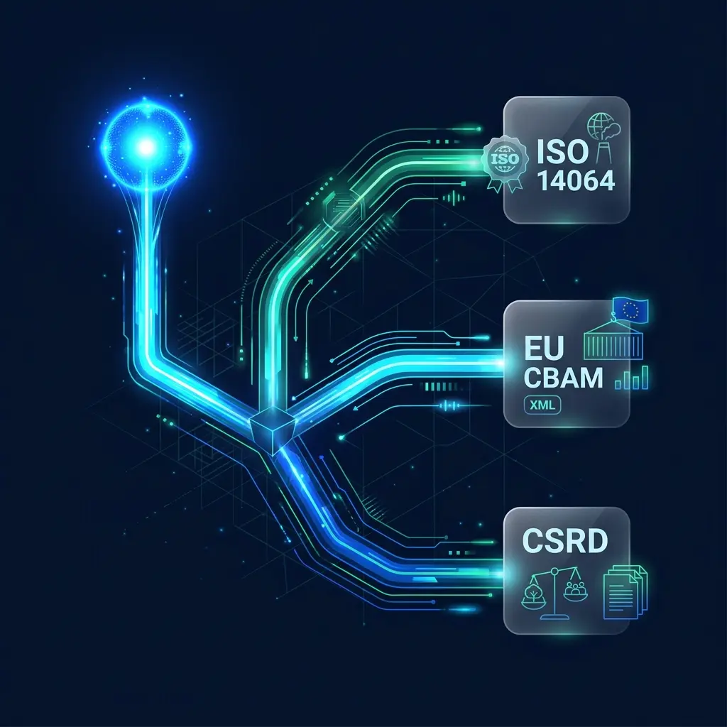 Sustys data flow: single data entry mapped to ISO 14064-1, EU CBAM and CSRD ESRS E1 compliance simultaneously